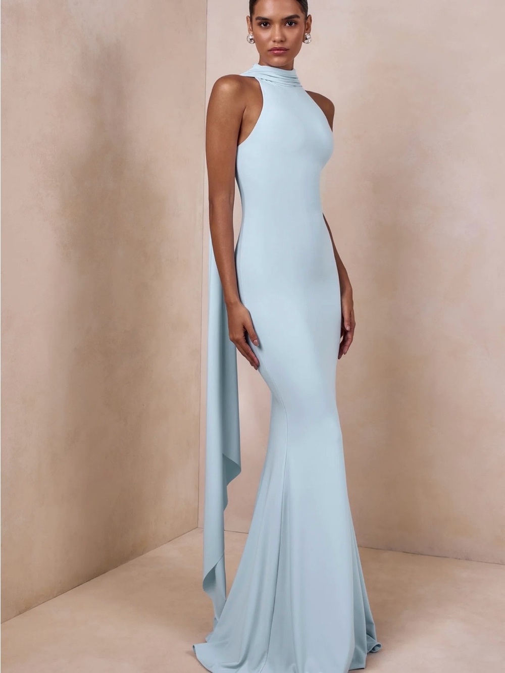 Club L London Pale Blue High-Neck Maxi Gown
